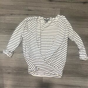 A Pea in the Pod Black and White Striped maternity nursing faux-wrap top